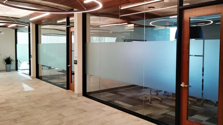 Frosted privacy film on glass meeting room partitions