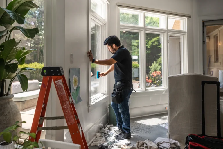Installer carefully fitting film to a residential window